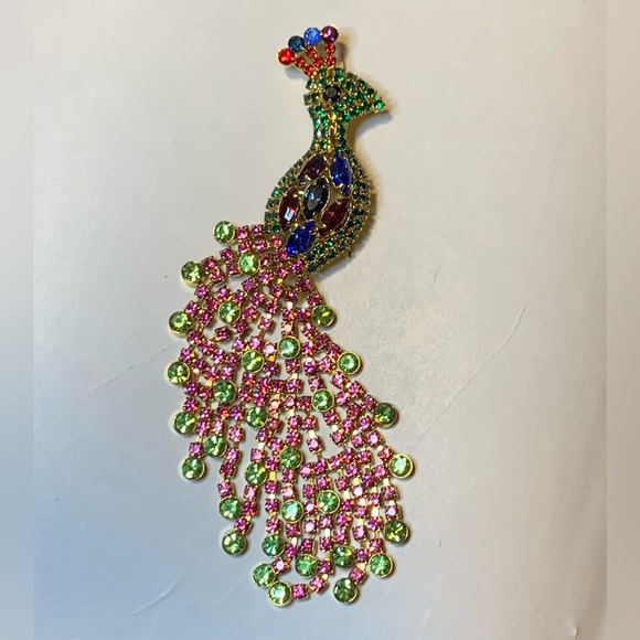 Rhinestone Jeweled Peacock Pin Brooch Signed OTC On The Back.  4.5 inches tall - Picture 2 of 12